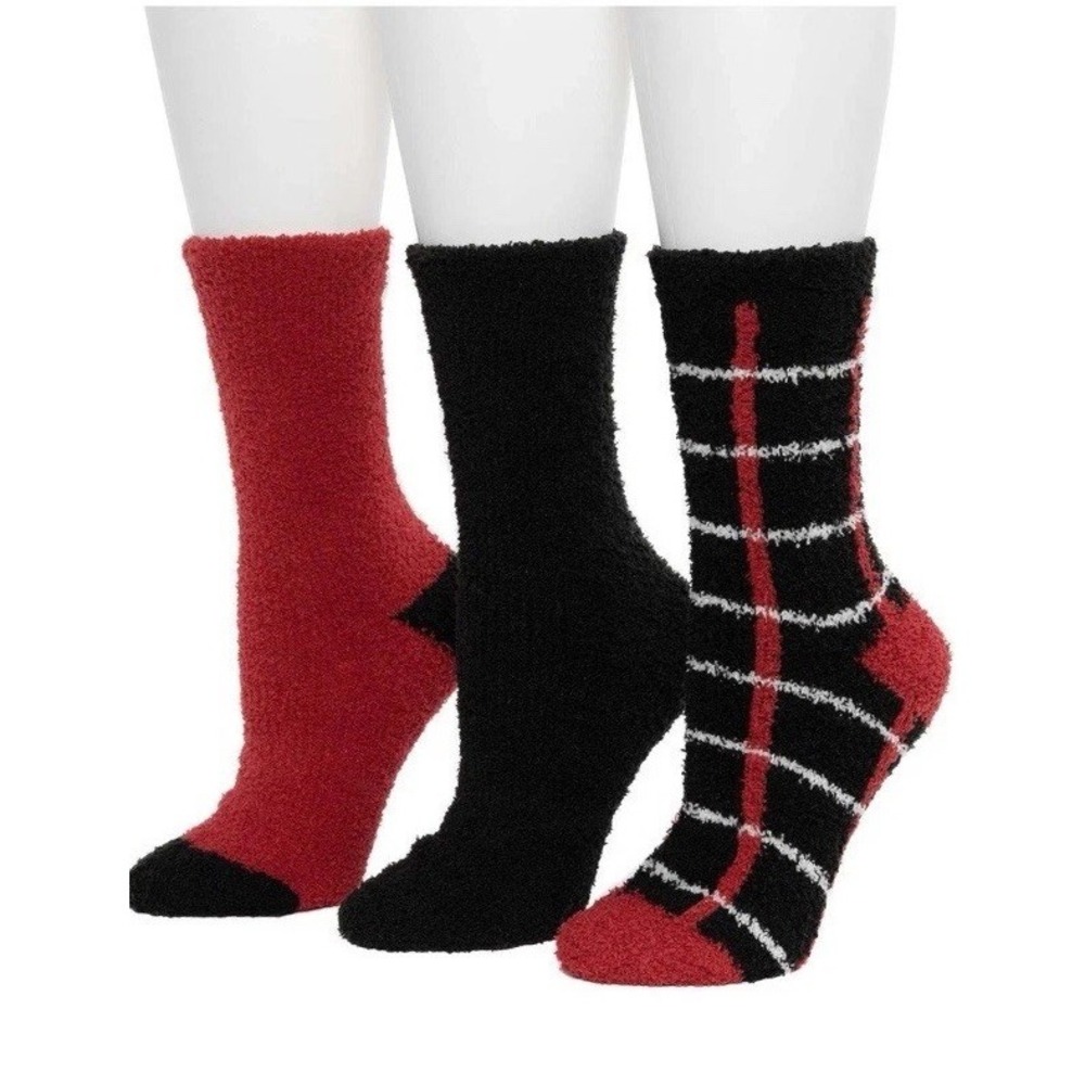 Cuddl Duds Holiday 3 Pk Plushfill Crew‎ Socks Shoe Size 4-10 Red/Black/Plaid NIB